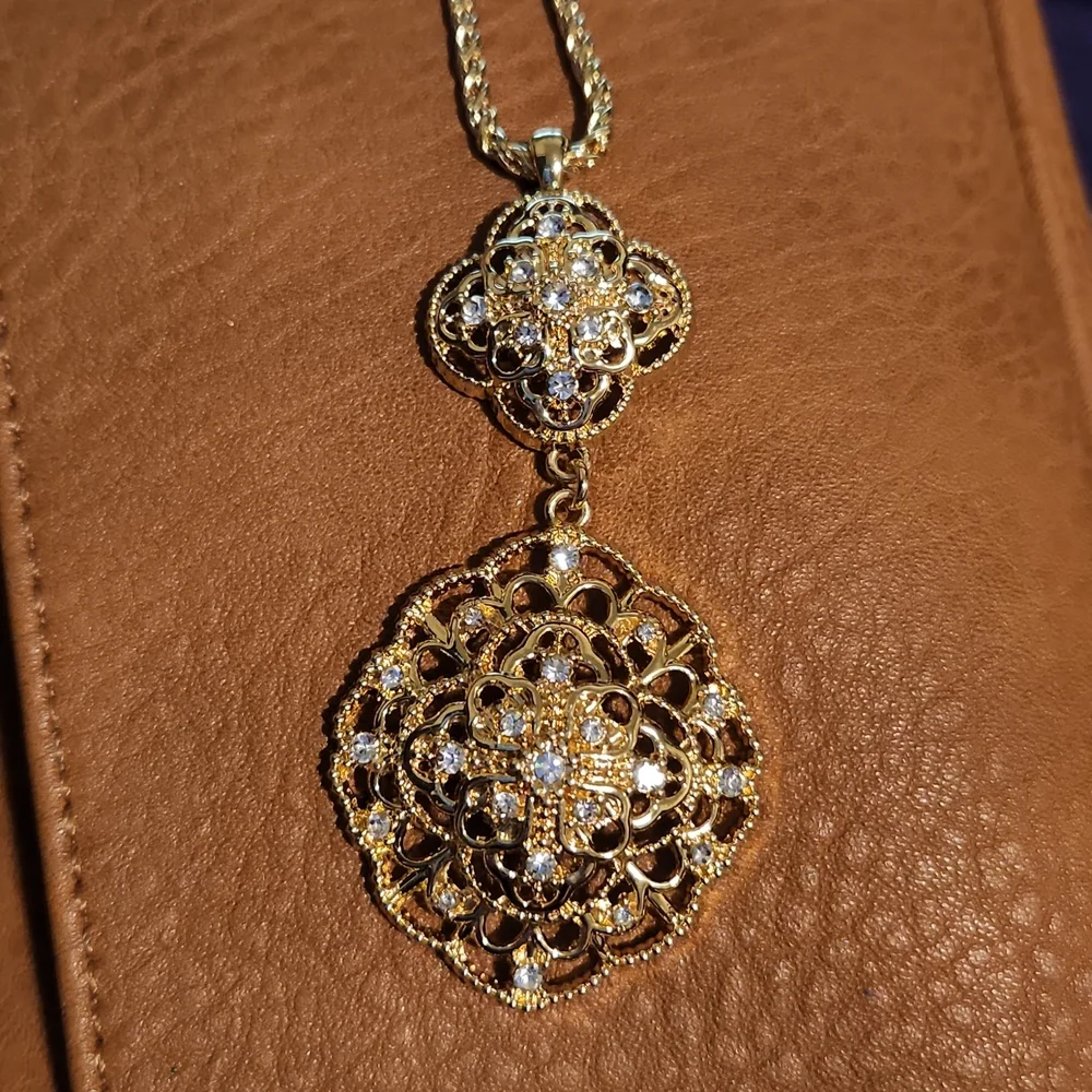 Charter Club Double Crystal Flower Long Pendant Necklace
